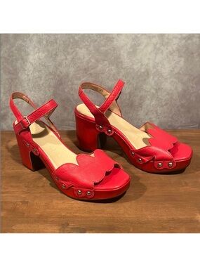 Wonders Red Leather Platform Clog Studded Sandals size 41